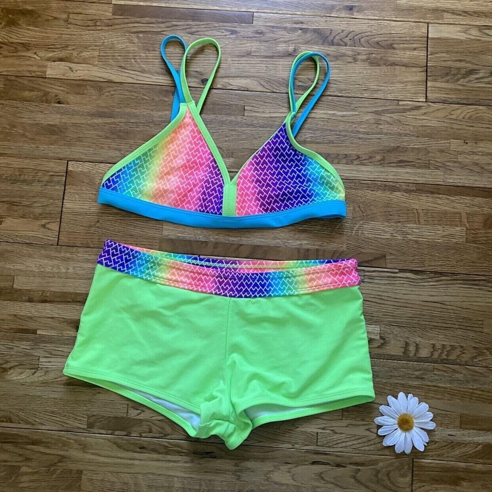 Joe Boxer Neon Rainbow Two Piece Swimsuit Size XL 14-16